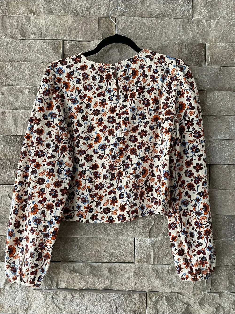 Zara Cream Floral Puff-Sleeve Top with Blue & Brown Accents